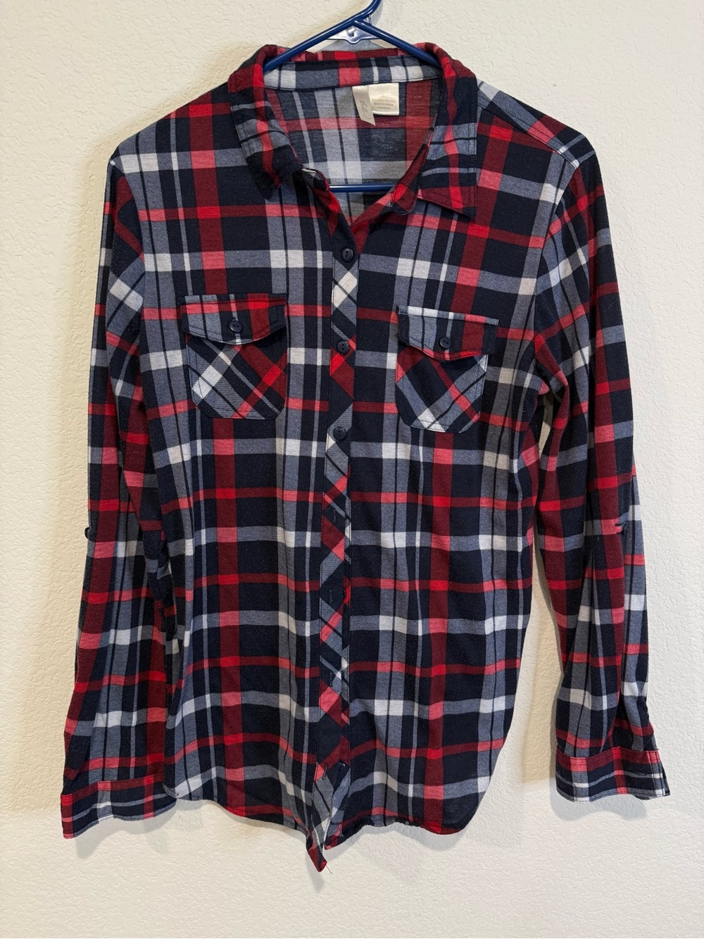 Bella D. Navy, Red and White Plaid Button-Up Shirt